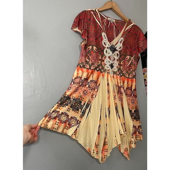 One World Sz Small Y2K Hippie Boho Fairy Sublimation Babydoll Tunic Top Mori Kei - Picture 2 of 12